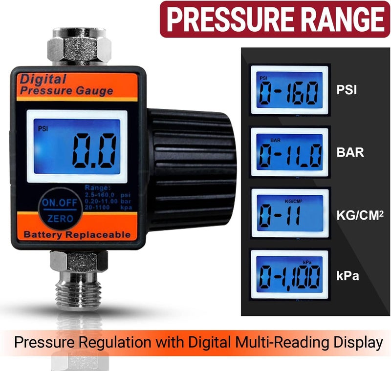 LE LEMATEC Digital Air Pressure Regulator, 1/4-Inch NPT Diaphragm Airflow Valve Up to 160 PSI Digital Gauge for HVLP Spray Paint Gun, Sand Blaster & Other Pneumatic Tools (DAR02B) - Image 5